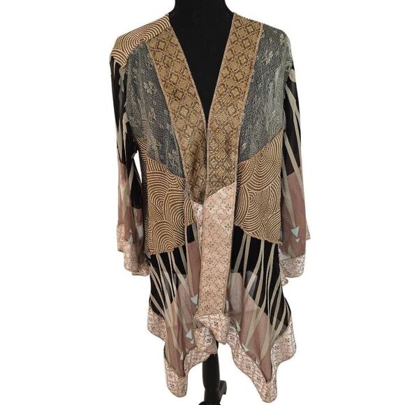 Sterling Styles Womens Artsy Open Patchwork Kimono Jacket Brown Tan One Size - Picture 1 of 13
